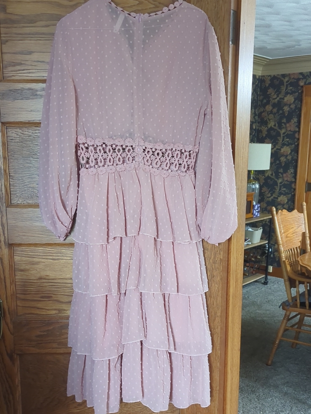 SHEIN Women's Pink Tiered Lace-Waist Long Dress With Long Sleeves - Picture 6 of 9